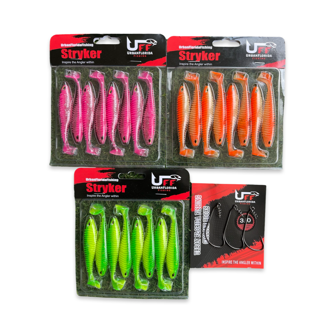 MULTI COLOR COMBO PACK STRYKER SWIMBAITS AND 3/0 CYCLONE HOOKS